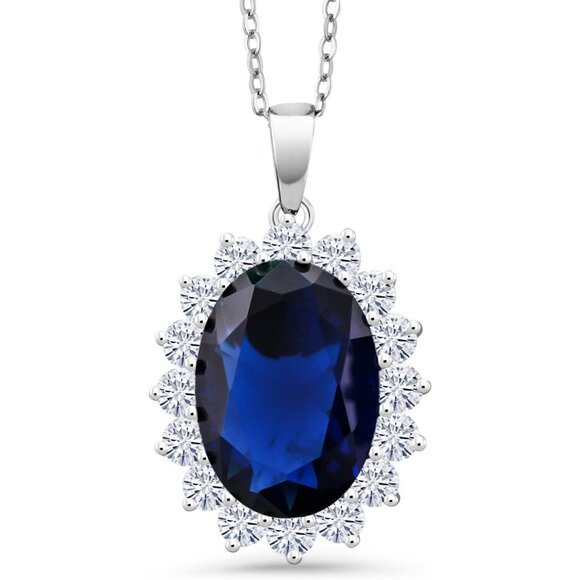 Elegant 13x18MM Blue Simulated Sapphire Pendant Necklace in Sterling Silver with